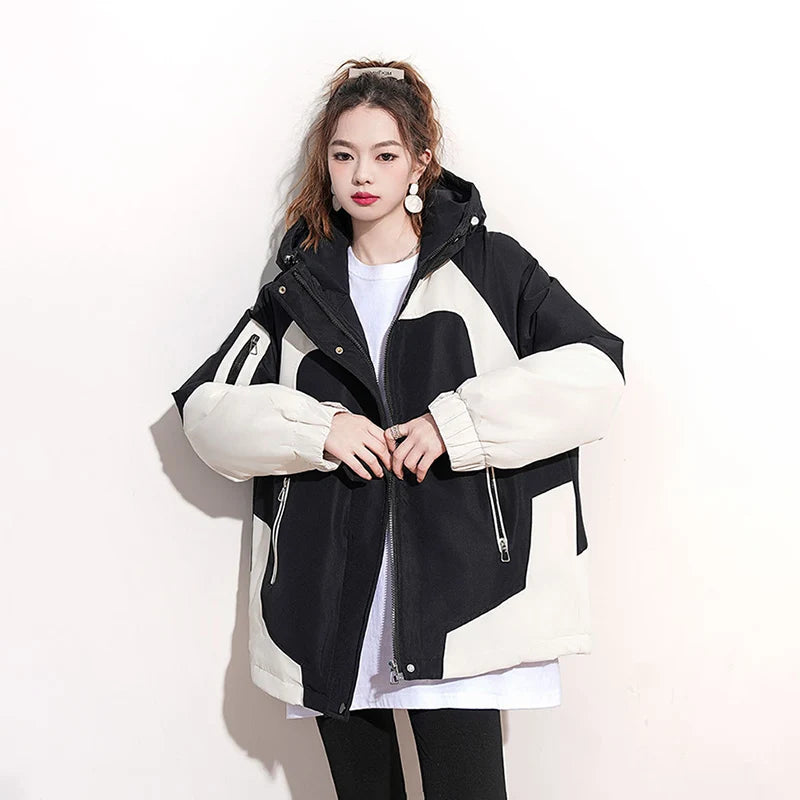 Black and White Patchwork Women Autumn Hiking Jacket Winter Winderproof Warm Hooded Coat Korean Zip Up Streetwear Couple Jackets