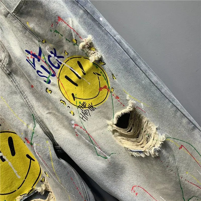 2025 Fashion Printed Ripped Distressed Streetwear Jeans Women's Summer New High-waisted Loose Straight-leg Versatile Harem Pants