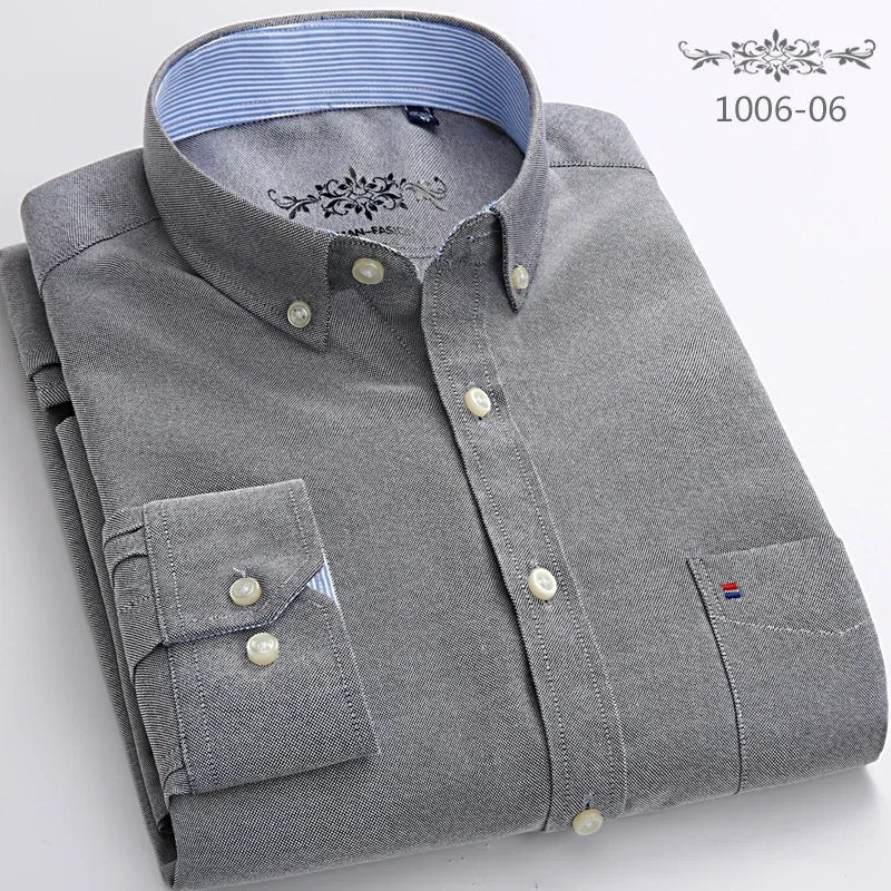 Men's 100% Cotton Smart Casual Shirt Long Sleeve Plaid Oxford Casual Solid Color Print Regular Fit Dress Shirt Oversized  6XL