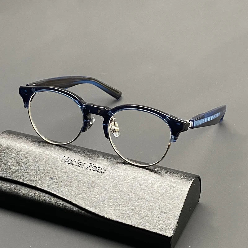 High quality acetate half frame glasses Men's round myopia prescription glasses spring legs pure titanium optical glasses frame