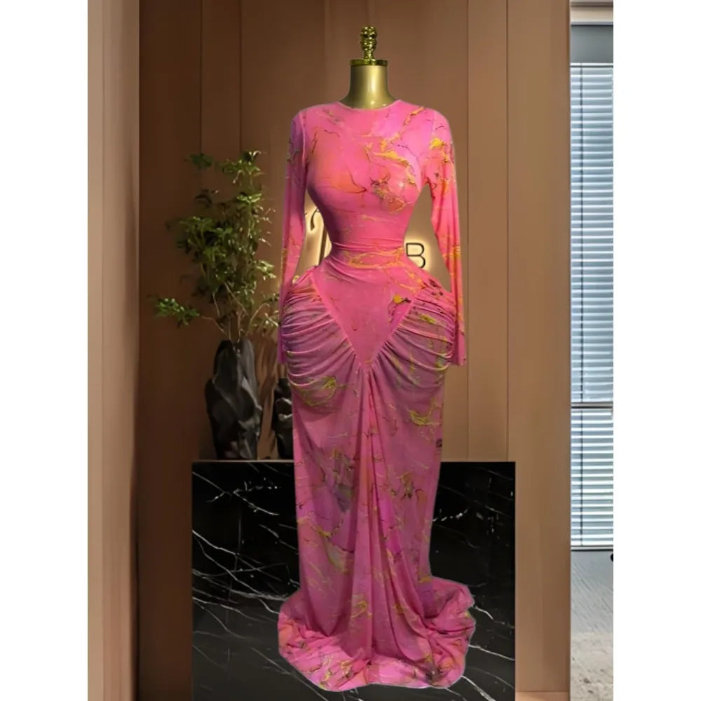 2026 Pink Women Tie Dye Printed Stacked Ruched Long Sleeve Midi Bodycon Maxi Long Dress Birthday Party Education Trendy Dresses