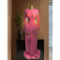 2026 Pink Women Tie Dye Printed Stacked Ruched Long Sleeve Midi Bodycon Maxi Long Dress Birthday Party Education Trendy Dresses