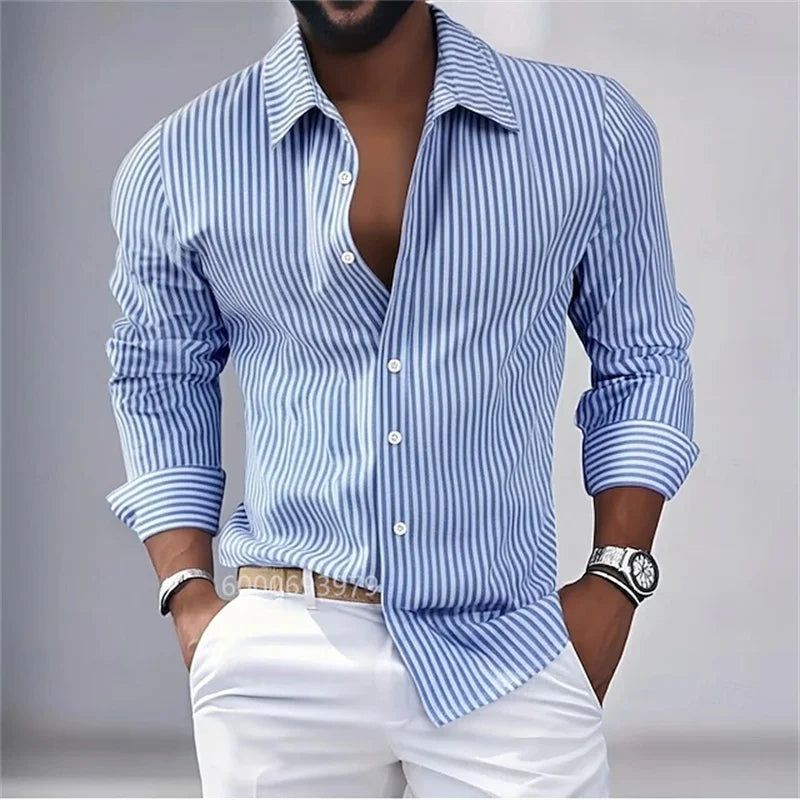 Men's striped button-down long-sleeved shirt, spring and autumn style, available in blue, pink, purple, brown, and green.