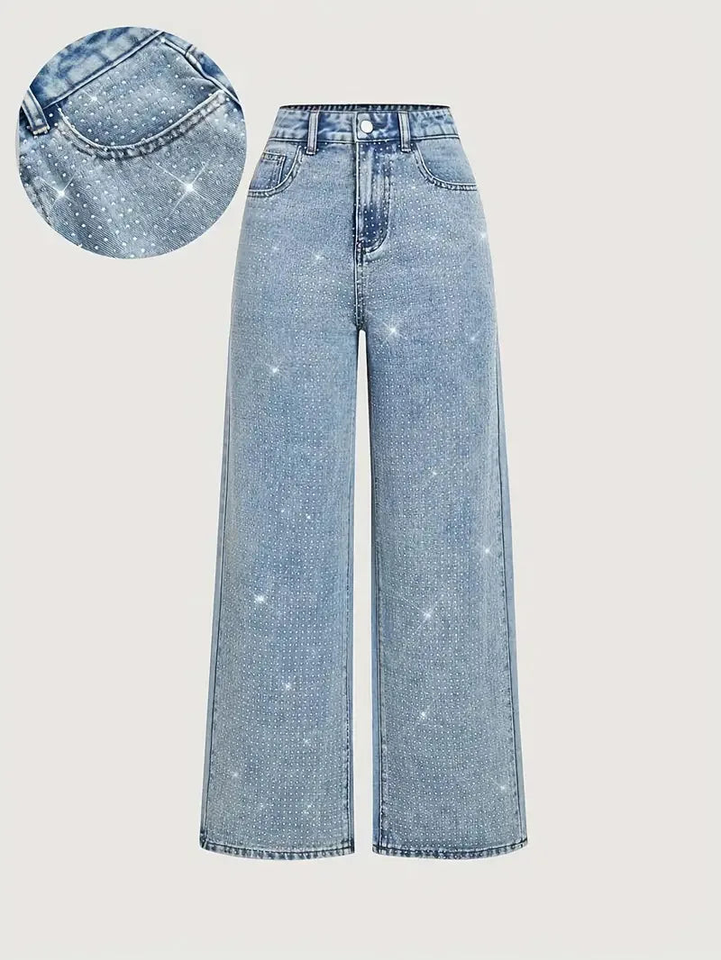 Women Diamonds Spliced Jeans Elegant Casual Midi Waist Denim Pants Solid Pockets Button Pant Washed Slight Strech Autumn Winter