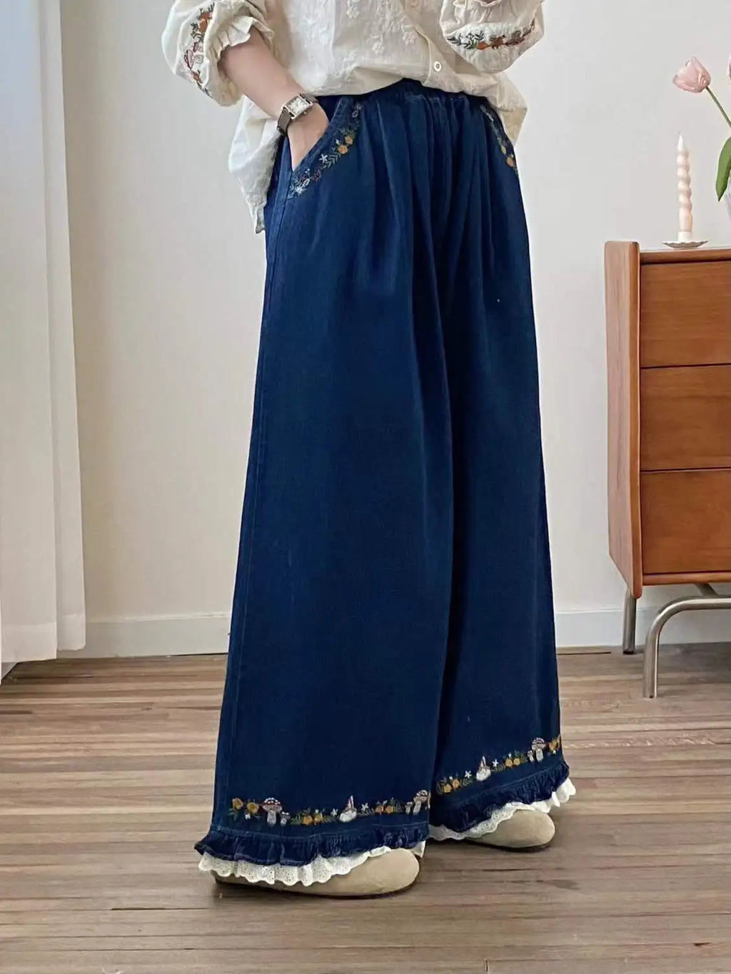 New 2025 Fall Cotton Denim Trousers, Women Elastic Waist Embroidery Ruffles, Mori Girl French Retro Chic Wide Leg Jeans B59422CC