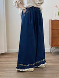 New 2025 Fall Cotton Denim Trousers, Women Elastic Waist Embroidery Ruffles, Mori Girl French Retro Chic Wide Leg Jeans B59422CC