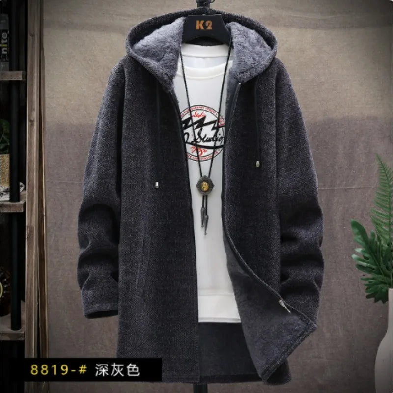 Mens Long Knit Cardigan Autumn Winter Sweater Coat Fleece Heavy Hooded Trench Coat Solid Chenille Men's Fashion Jacket