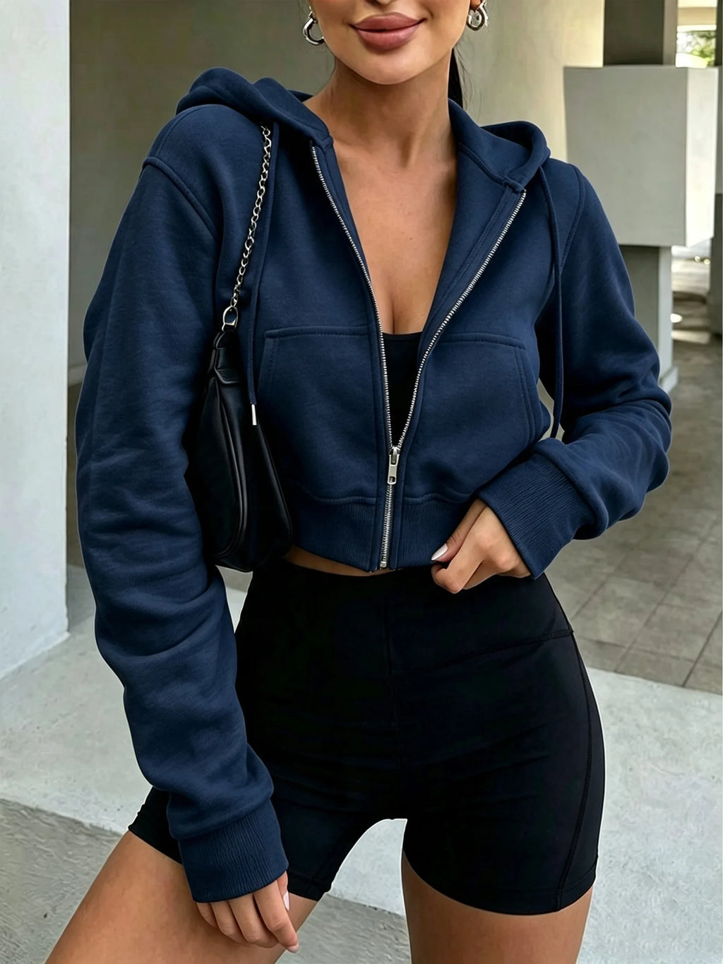 Spring Autumn Women's Zipper Long Sleeve Hooded Cardigan Loose Streetwear Short Sweatshirt Harajuku Y2K Crop Tops Outfit
