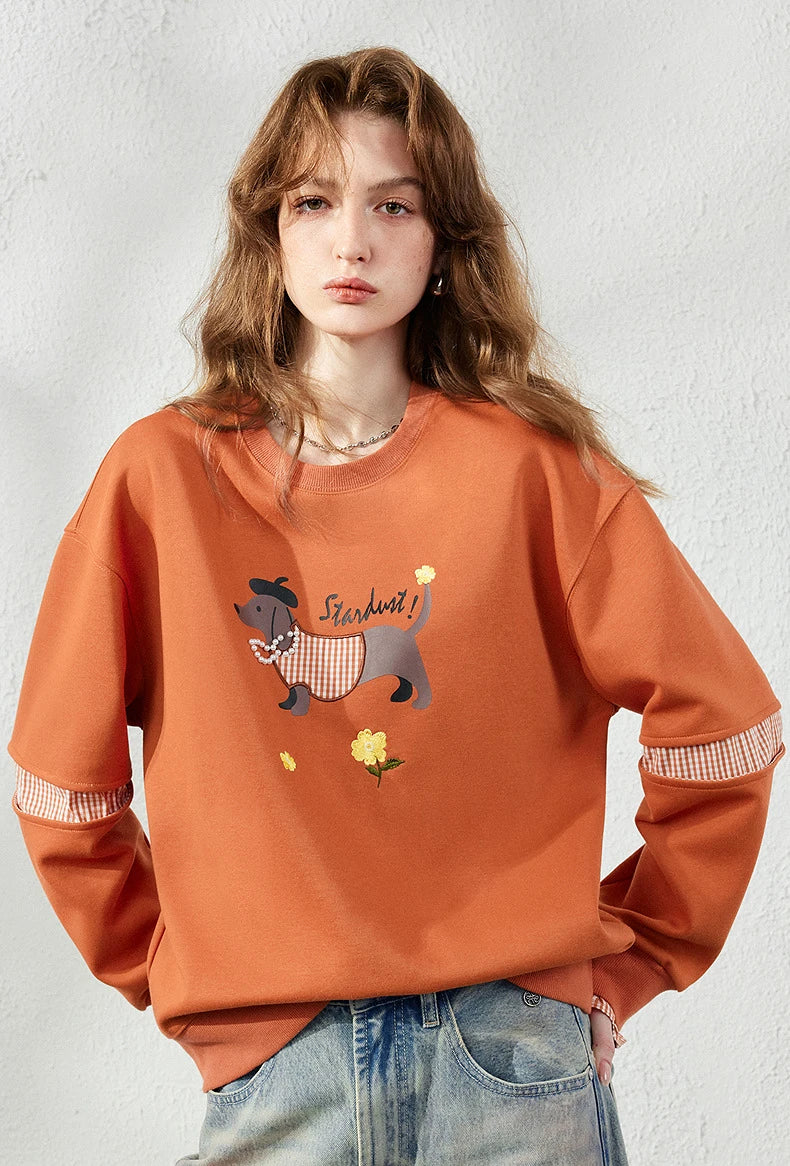 TOYOUTH Women's Sweatshirt 2026 Autumn New Loose Deconstructed Faux Two-Piece Plaid Dachshund Print Vintage Pullover Top