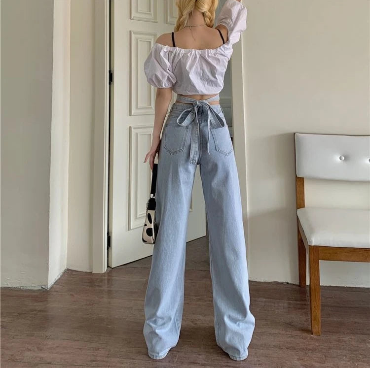 Women's High Waist Baggy Jeans Korean Trendy Loose Wide Leg Denim Pants with Ankle Ties Flowy Floor Length Streetwear