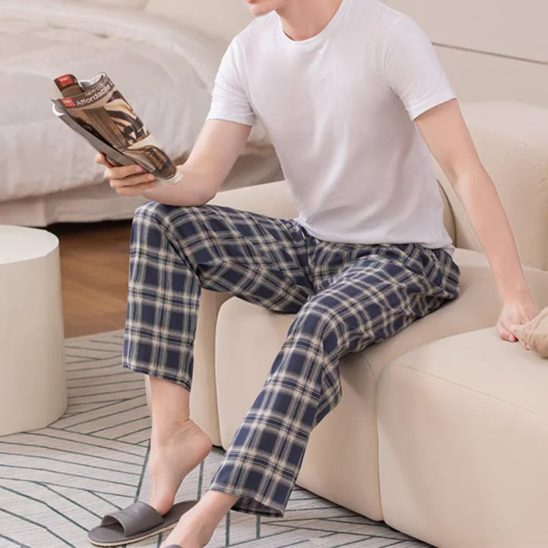 Summer Casual Thin Pajama Pants for Men, Loose Fit, Plus Size, Home Pants That Can Be Worn Outside, Plaid Pants