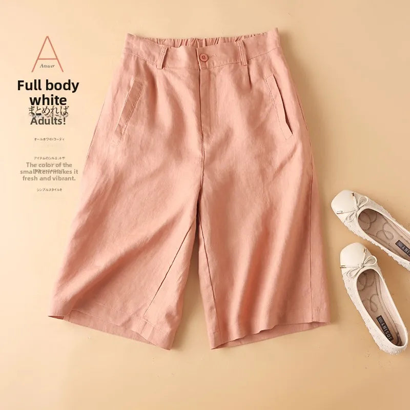Casual Linen Wide Leg Short Pants Women Summer Loose Fit Thin Cotton Linen Five-Point Pure Color Versatile High Waist Shorts