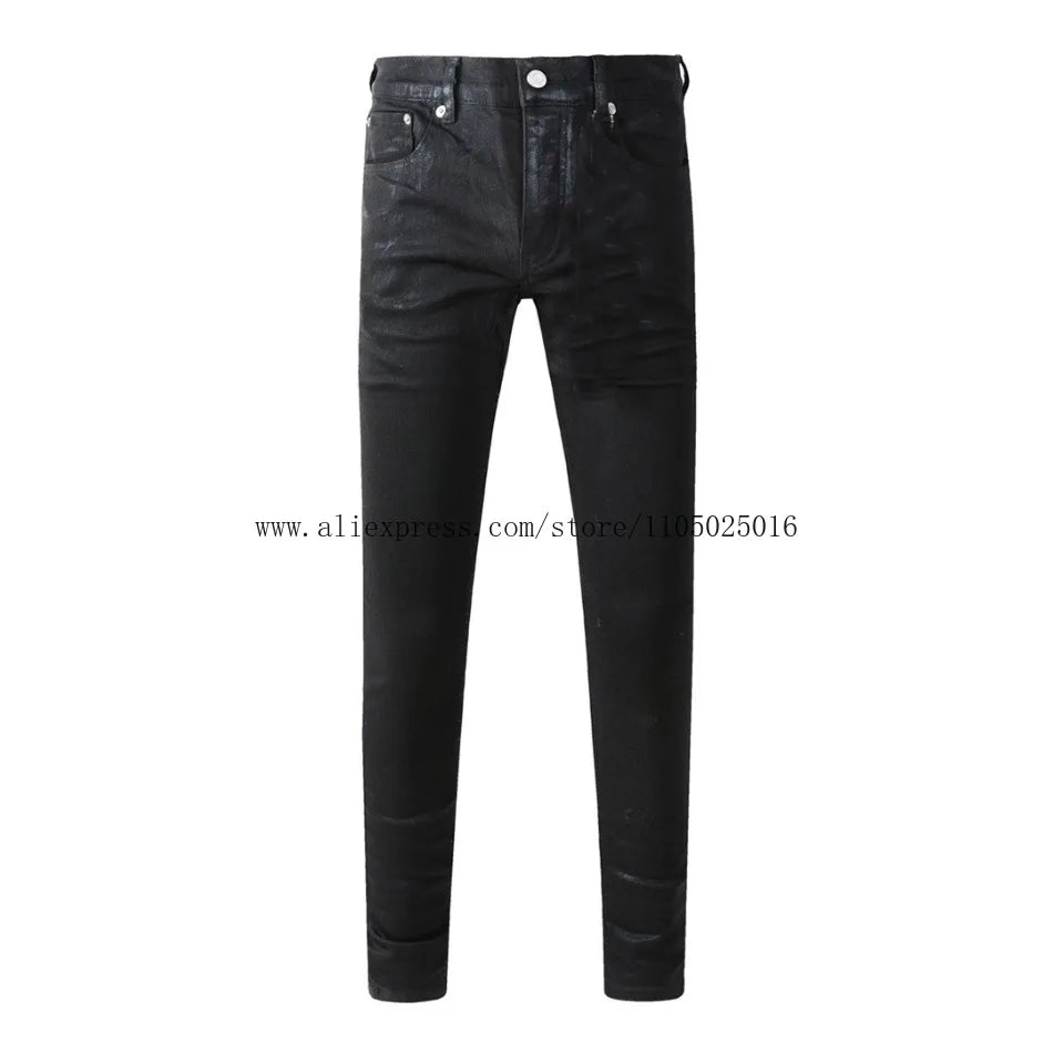 High Street American Distressed Men's Jeans Fashion Brand Coated Blank Stretch Skinny Button Fly Ripped Pants Trousers
