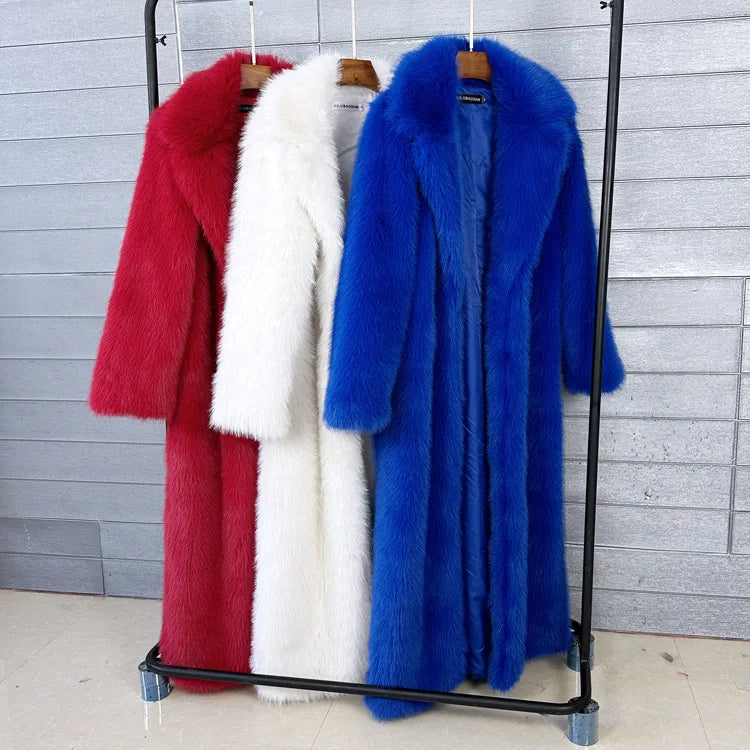 Long Faux Fur Coat Women Autumn Winter Large Jacket Overcoat White Turn Down Collar Pockets Thick Coat Warm Jackets Maxi Coats