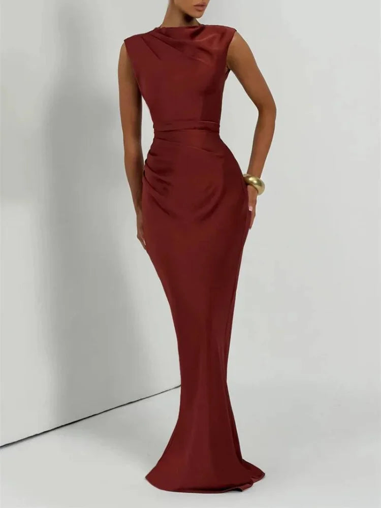 Women Fashion Solid Pleated Halter Dress Waist-cinching Sleeveless Backless Split Maxi Dresses 2026 Sexy Summer Lady Party Gowns