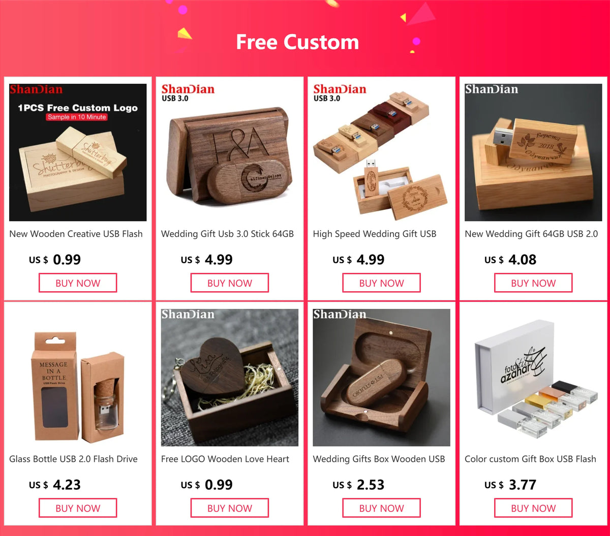 Wedding Gift USB 3.0 Stick 64GB Custom Logo Wooden Box Flash Drives 32GB Pendrive Free Sample U Disk 16GB 8GB 4GB Memory Stick