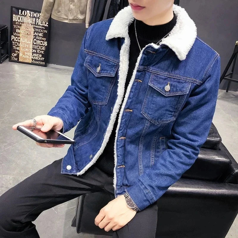 Men Warm Denim Jacket 2024 Winter Thick Fleece Outerwear Solid Casual Wool Lining Jean Jackets Coats Men Clothing Oversized 6XL