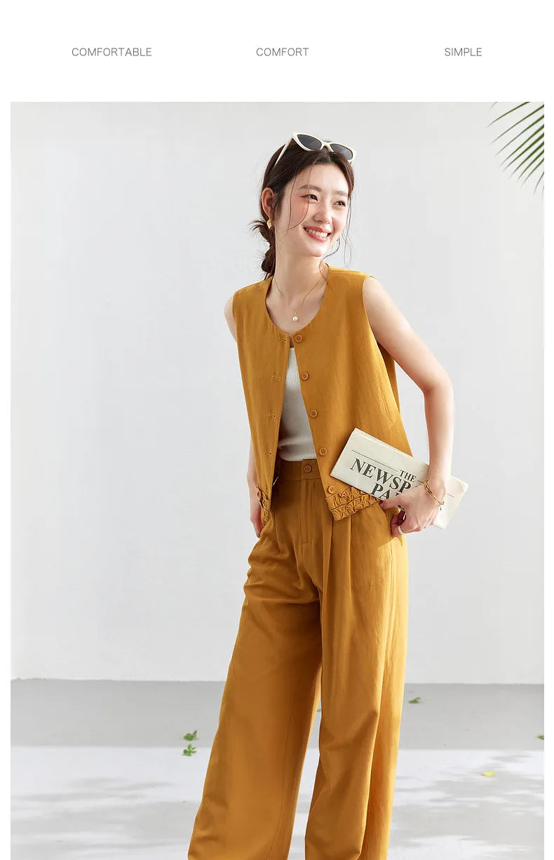 VIMLY Office Two-Piece Set Women 2026 Summer New Fashion Ruffle Hem Cropped Sleeveless Vest Wide Leg Pants Casual Outfit A6153
