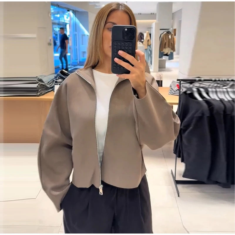 Elegant Knitted Zipper Women's Sweater Solid Full Sleeve Stand Collar Loose Open Stitch Female 2026 Fashion Autumn Outwear Lady