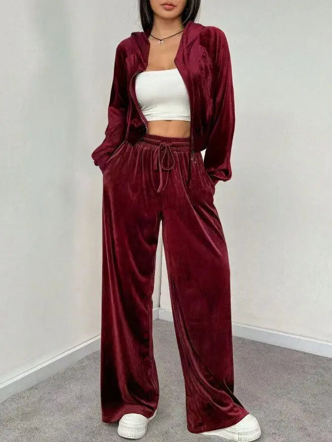 Women's Pink Velvet 2-Piece Activewear Set Zip Cropped Hoodie + Wide Leg Pants Fashionable Casual Waist Slimming Versatile Style