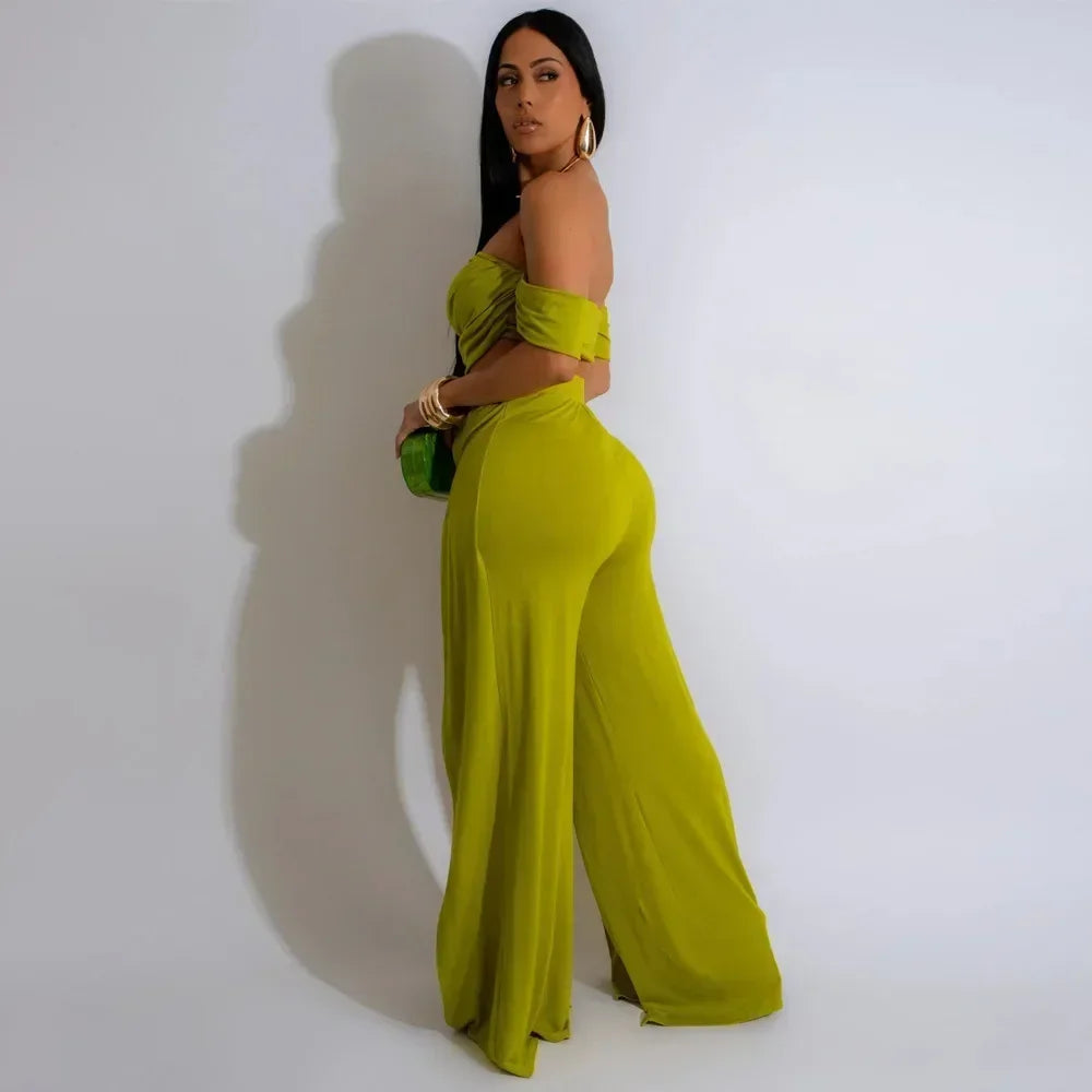 Women's Set Short Sleeve Slash Neck Ruched Tops and Wide Leg split Pants 2025 Street Two 2 Piece Sets Outfit Tracksuits