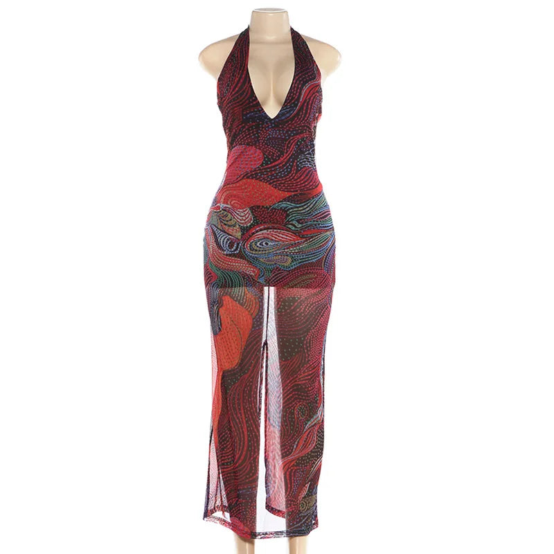 STYLISH LADY Abstract Print Mesh Halter Maxi Dress 2026 Summer Women Sexy Sleeveless Backless V Neck Bodycon Party Dress