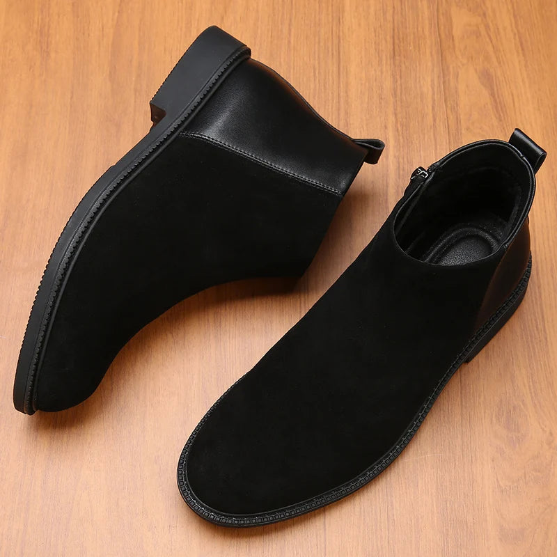 Classic Black Leather Pointed Chelsea Mid Top Boots Leather Shoes Fashionable Suede Leather Men's Autumn Comfortable Short Boots