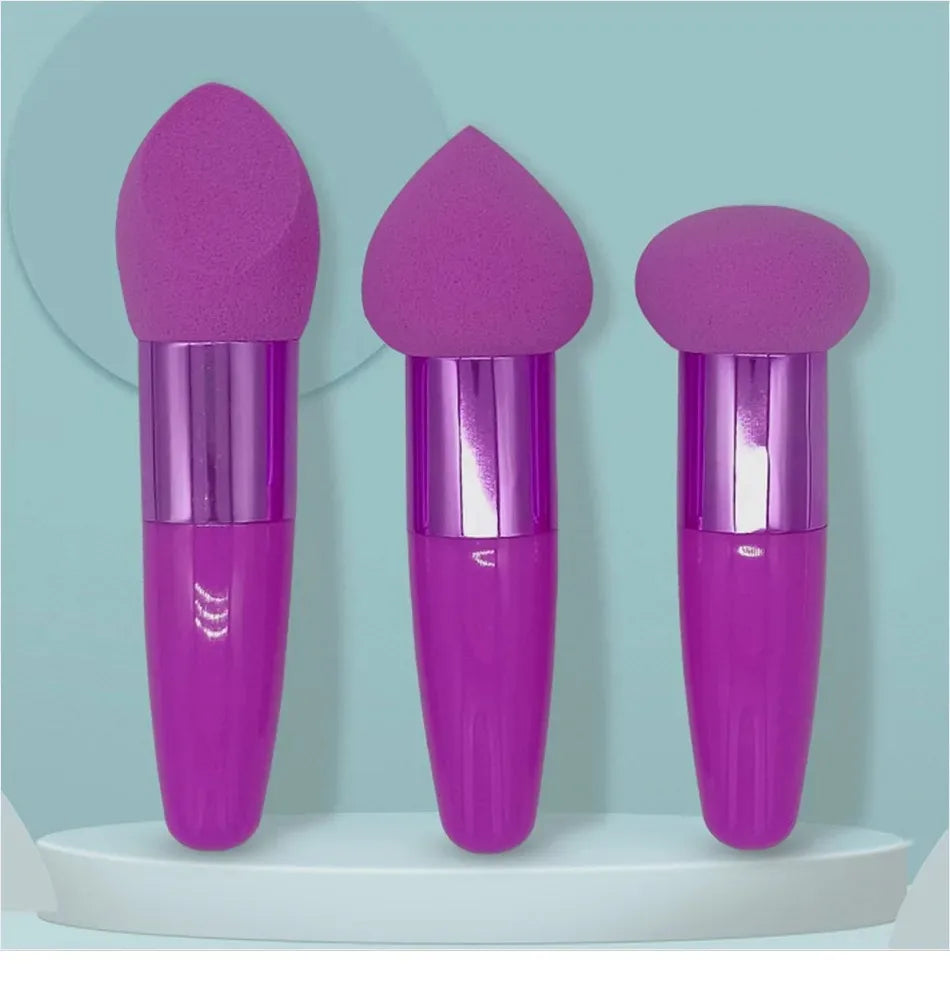 3-Piece Makeup Sponge Set with Handles - 3 Unique Shapes  with Plastic Handles for Flawless Foundation, Blending, and Detailing,