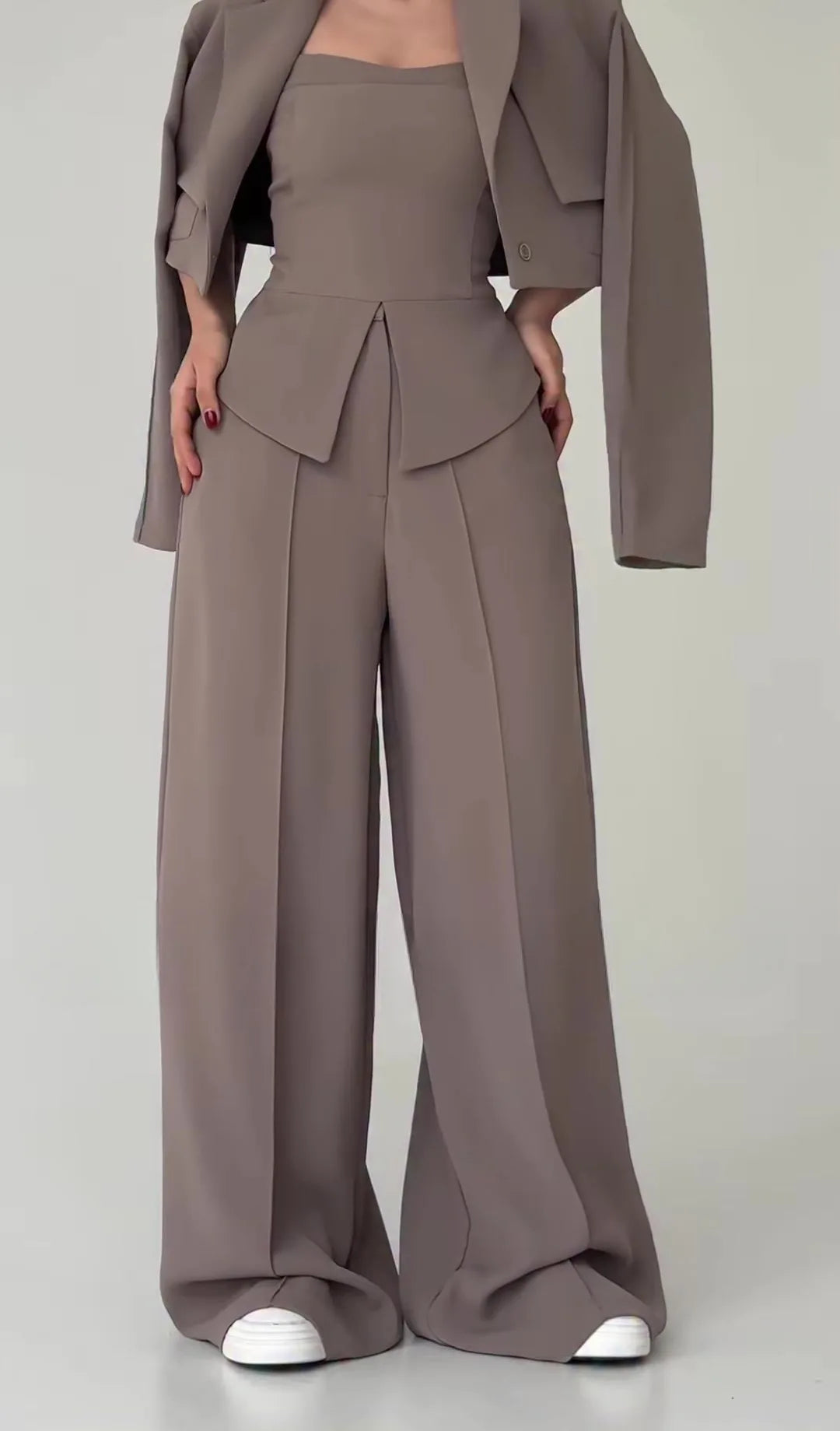 Pant Set Women 3 Piece Sets Lapel Full Sleeve Blazers Plain Sling Top Wide Leg Long Pants Splice Y2k Streetwear Work Summer 2026
