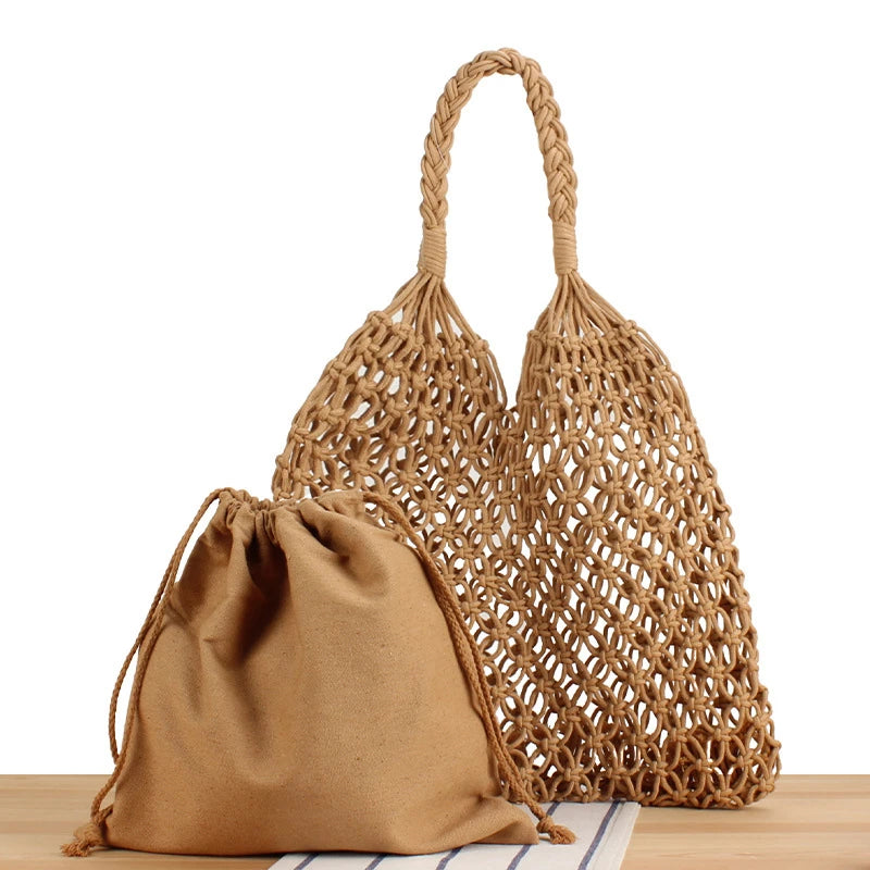 Hollow Crochet Mesh Woven Shoulder Bag With Inner Pocket,Women Solid Color Handbag,Summer Work Beach Vacation Commuting Tote Bag