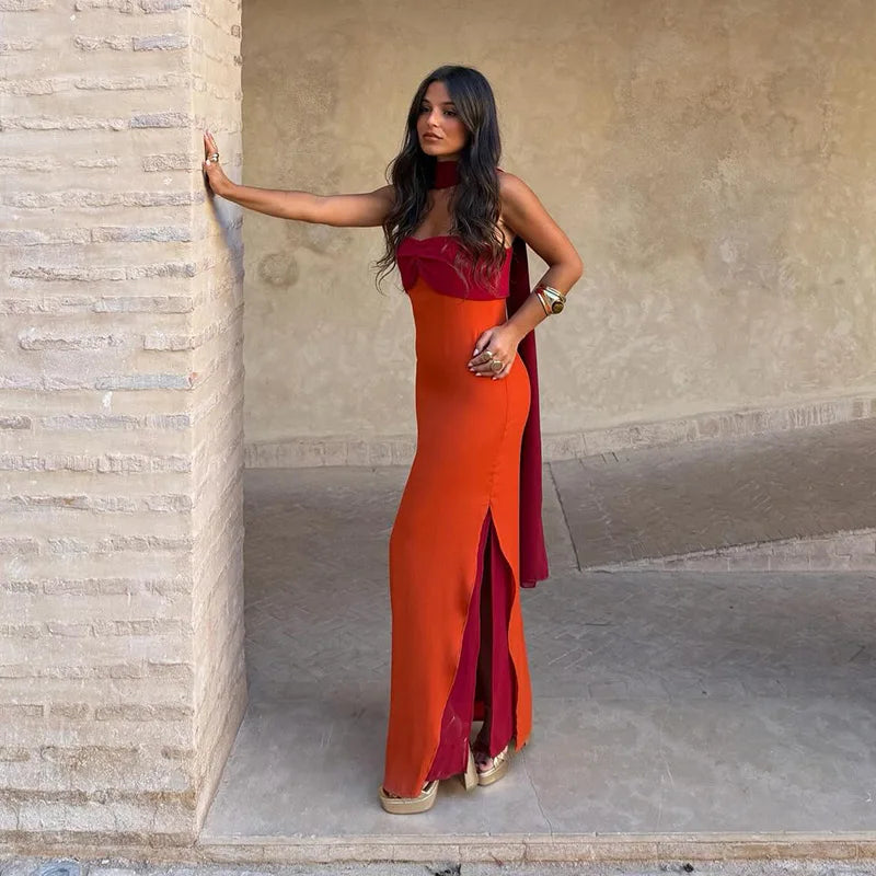 2026 Summer Elegant Maxi Slip Dress Twist Front Spaghetti Strap Slit Bohemian Wedding Guest Cocktail Party Vacation Women Gown