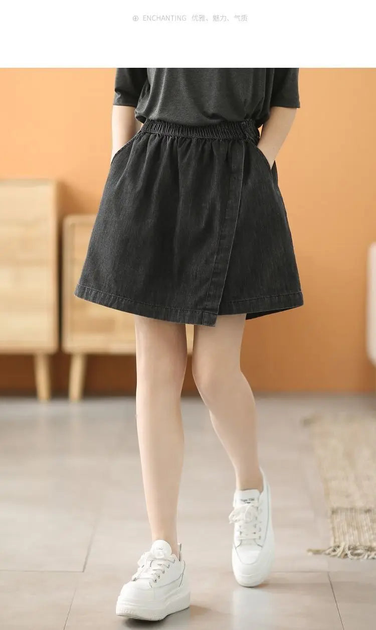 Stylish Elastic-Waist Denim Shorts Women New Summer Collection Loose High Waist Casual Versatile Slimming Skirt Pants