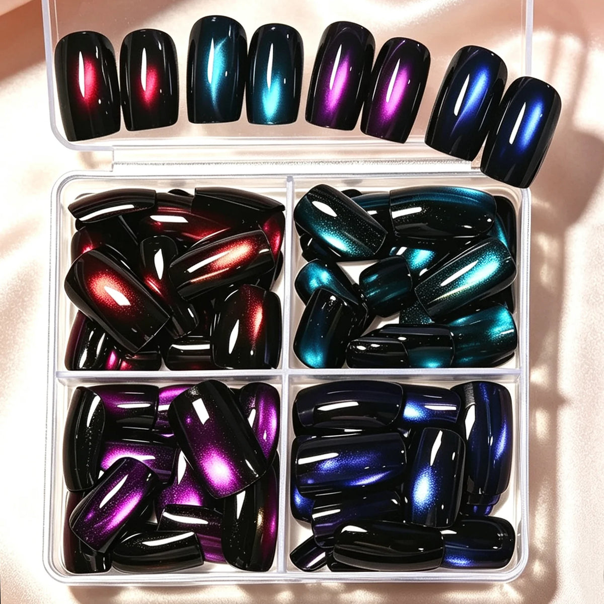96pcs/box Short Square Cat Eye Press On Nails 4colors Glossy Glitter Cat Eye French Fake Nails Full Cover Acrylic Fake Nails Y2K