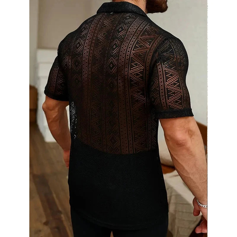 New Chic Men Sexy Lace Shirts Fshion See-through Button-down Short Sleeve Cardigan Tops Vintage Hollow Out Style Holiday Blouse
