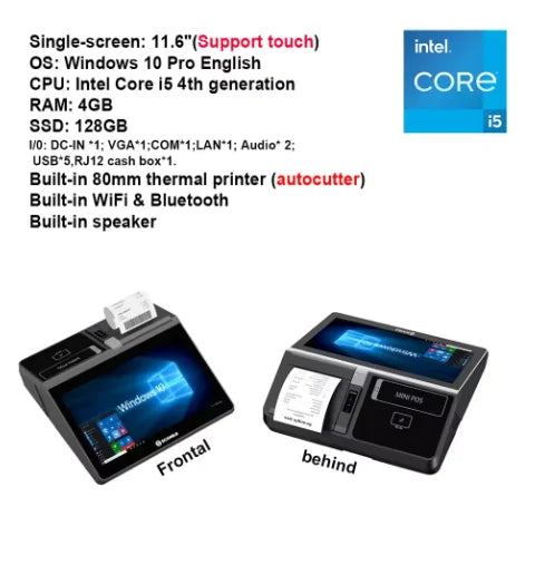 11.6inch Desktop /Wall-mounted Windows & Android Cash Register POS Systems with 80mm Autocutter Thermal Receipt & Label Printer
