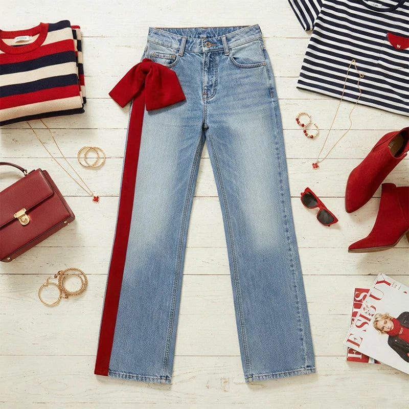 Krisstargirls Women's Fall Winter Going Out Jeans 2025 New Stylish Elegant Bow-embellished Blue Leisure Fashion Pants for Ladies