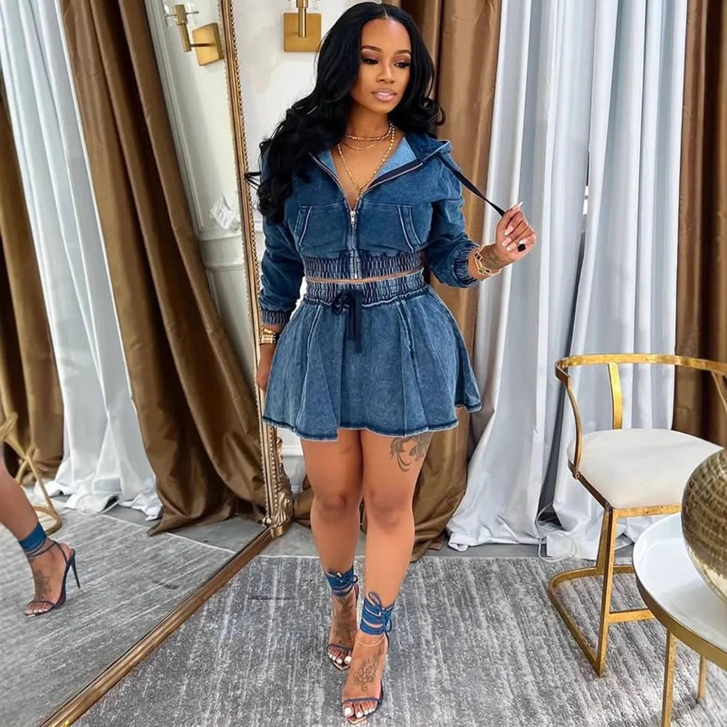 Women's Casual Skirt Set Autumn and Winter New Women's Washed Denim Jacket Short Skirt 2-piece Set