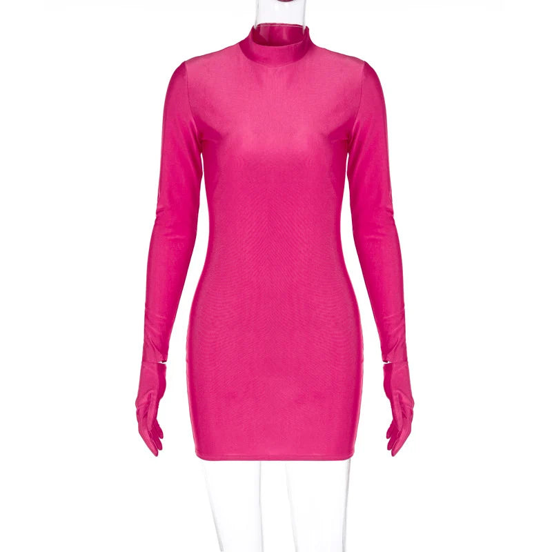 Solid Long Sleeve Mini Dress with Gloves Sexy Streetwear Party Outfit Half Turtleneck Bodycon Y2K Style Wholesale