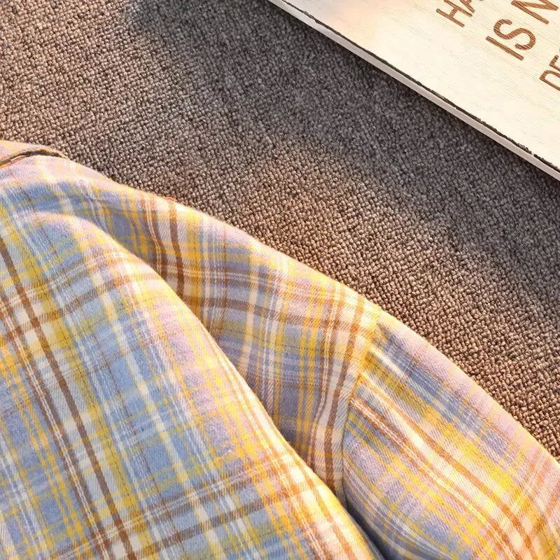 Retro Japanese Plaid Long Sve irt Men's Casual Loose Fit Spring Autumn Wear for Students And Couples Youth Faion
