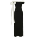 Hmsevenjz Black and White Bow Off Shoulder Long Dress for Women's Summer Sexy Slim Fit Short-sleeved Elegant Dress
