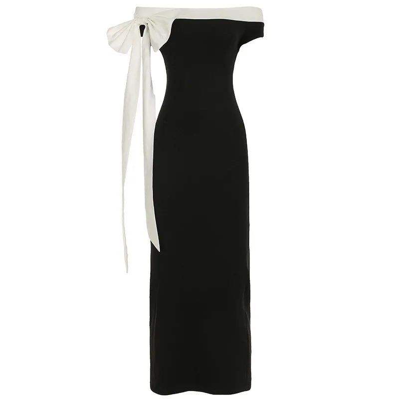 Hmsevenjz Black and White Bow Off Shoulder Long Dress for Women's Summer Sexy Slim Fit Short-sleeved Elegant Dress
