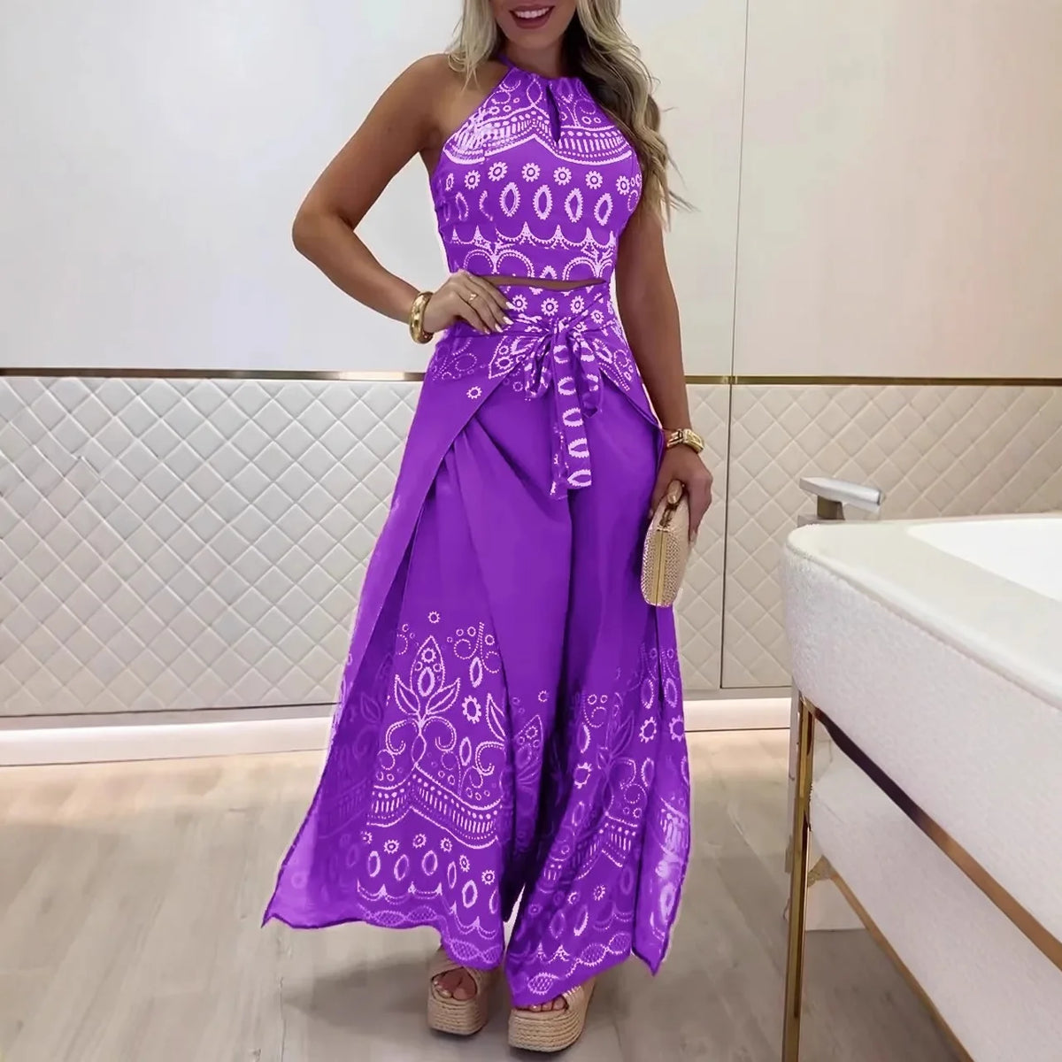 Women's Printed Sleeveless Top And Wide Leg Pants Two Piece Set Slimming Comfort Versatile Vacation Commute Ethnic Style Outfit