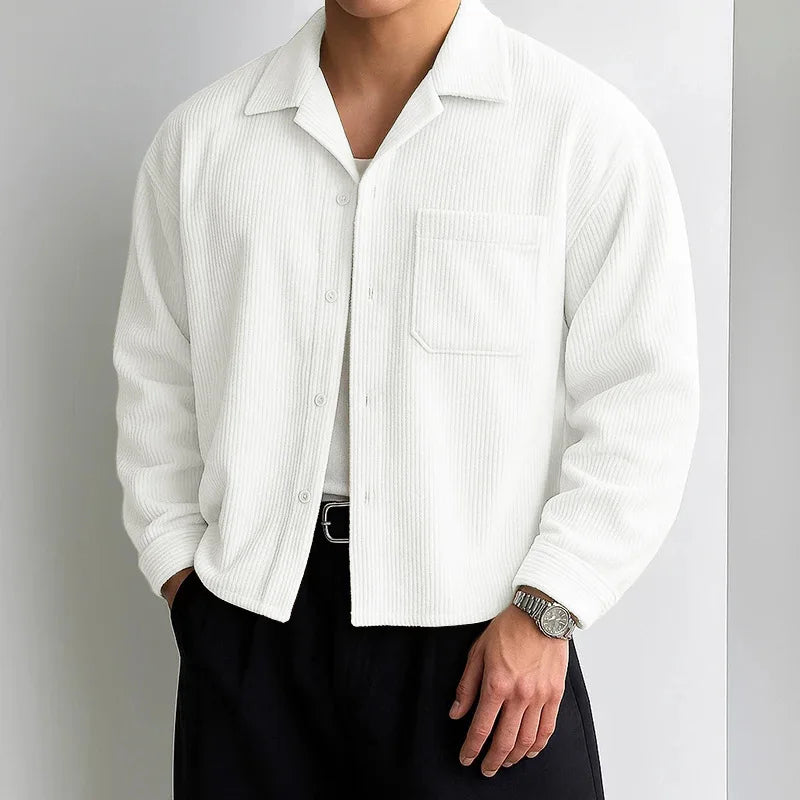 Autumn Men Corduroy Cropped Shirts Long Sleeve Solid Color Suit Collar Casual Blouse American Retro Premium Loose Cardigan Tops