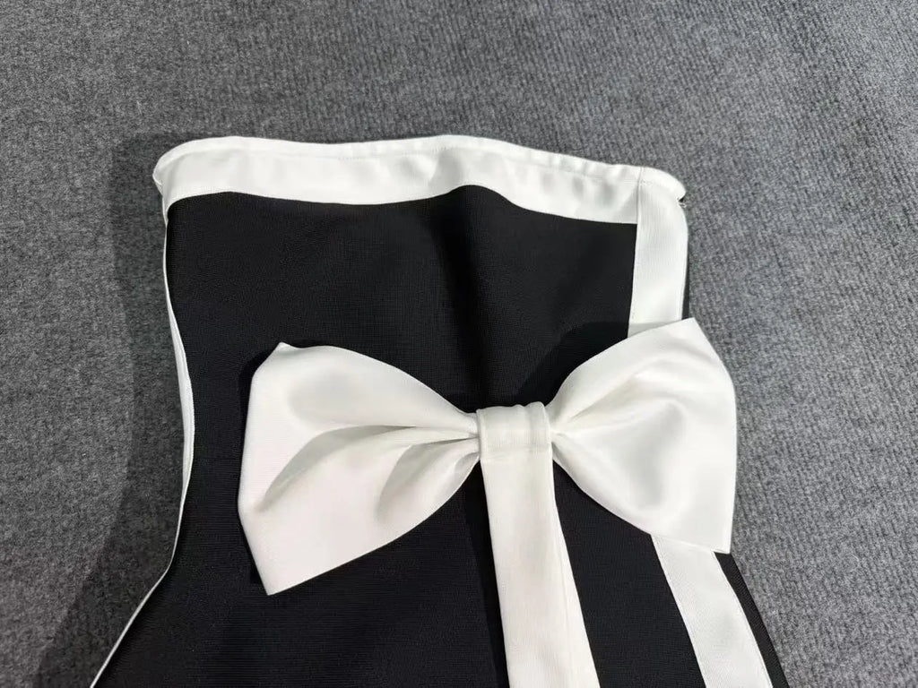 High Quality Women Sexy Strapless Off the Shoulder Bow Bodycon Long Bandage Dress Nightclub Party Celebrate Birthday Outfit