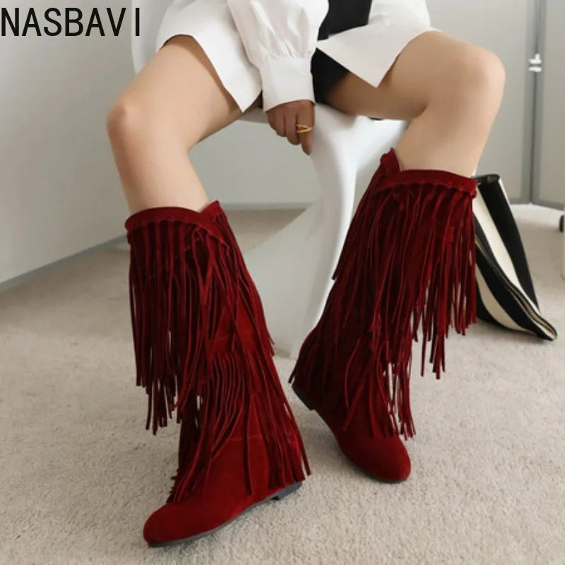 2025 New High Boots Women Bohemian Flock Tassle Mid-Calf Boots Wedge Booties Autumn Winter Ethnic Casual Shoes zapatos de mujer