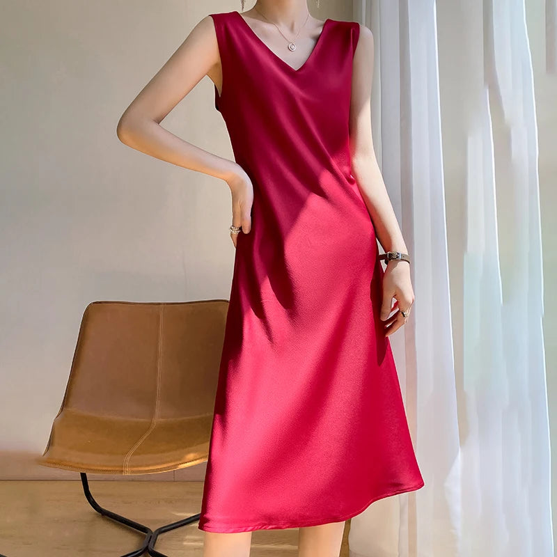 LHZSYY Silk Satin Front/Back V-neck Sling Dress Women's Sleeveless Waistcoat Top Spring Summer New Mulberry Silk Hip Long Skirts