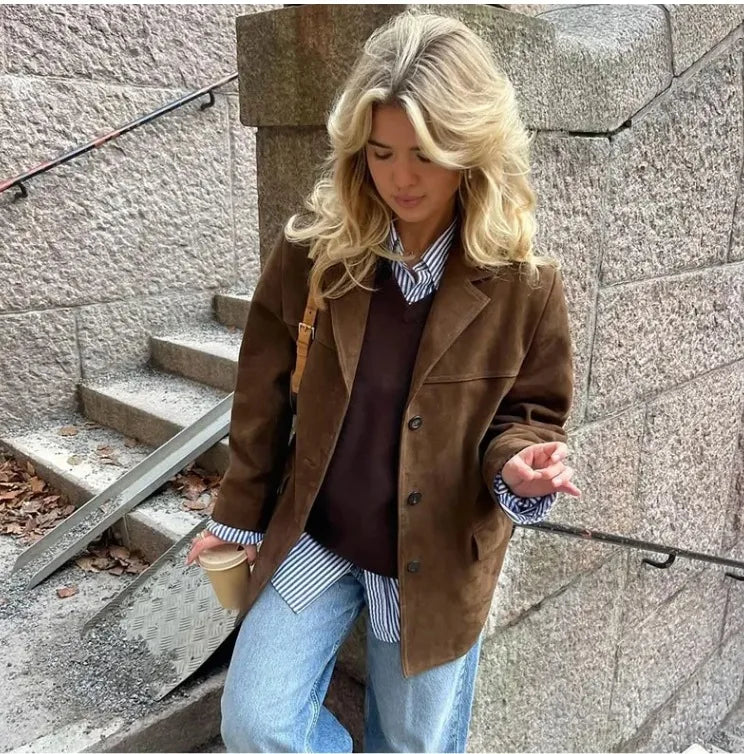 2024 Autumn Winter Women Jacket With Lapel Woman Casual Single Breasted Pocket Long Sleeve Short Coat Street Overcoat