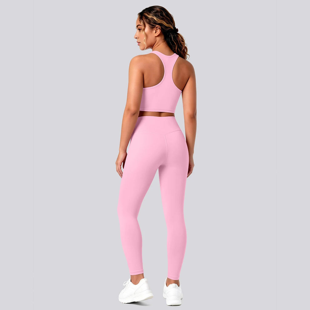 2PCS Solid Color Yoga Set for Woman's Gather Beautiful Back I-shaped Vest Shock-absorbing Running Yoga Tank Top Push Up Pants