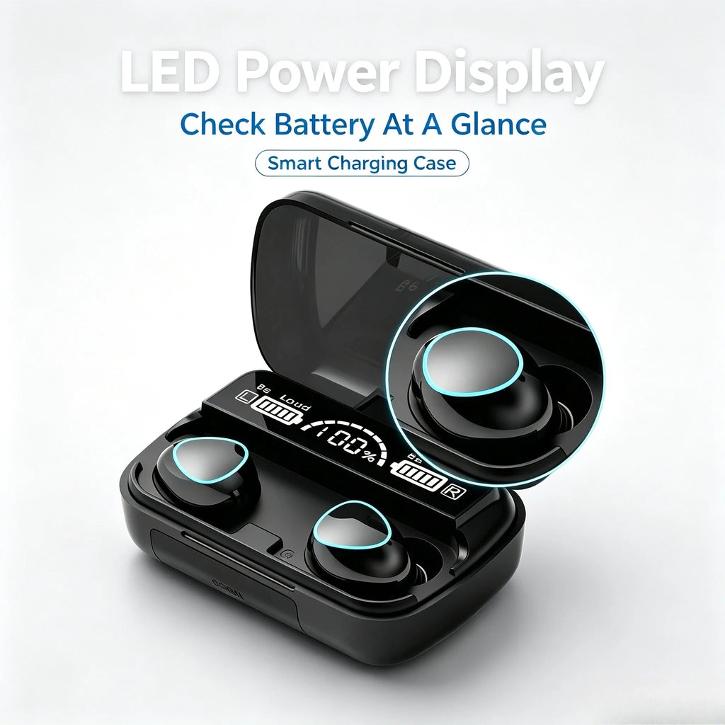 9D Stereo Surround Sound Bluetooth Earphones Sports In-Ear Wireless Headphones Featuring LED Digital Battery Display