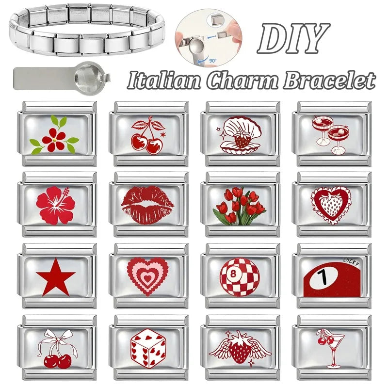 Fashion Red Series Heart Flower Bowknot Cherry Women Men Charm Link fit 9mm Stainless Steel Italian Bracelet Making DIY Jewelry